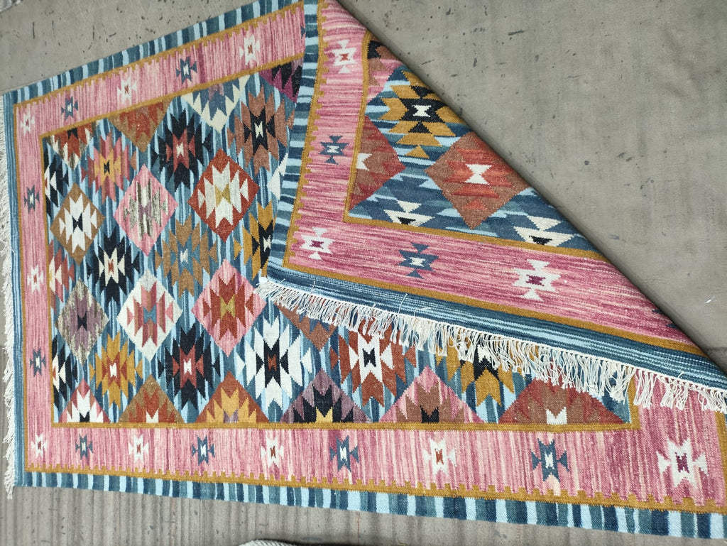Handwoven Wool Cotton Dari Rug – Geometric Kilim Area Rug, Boho Colorful Carpet, Handmade Flatweave Indian Dhurrie, Living Room Bedroom Decor