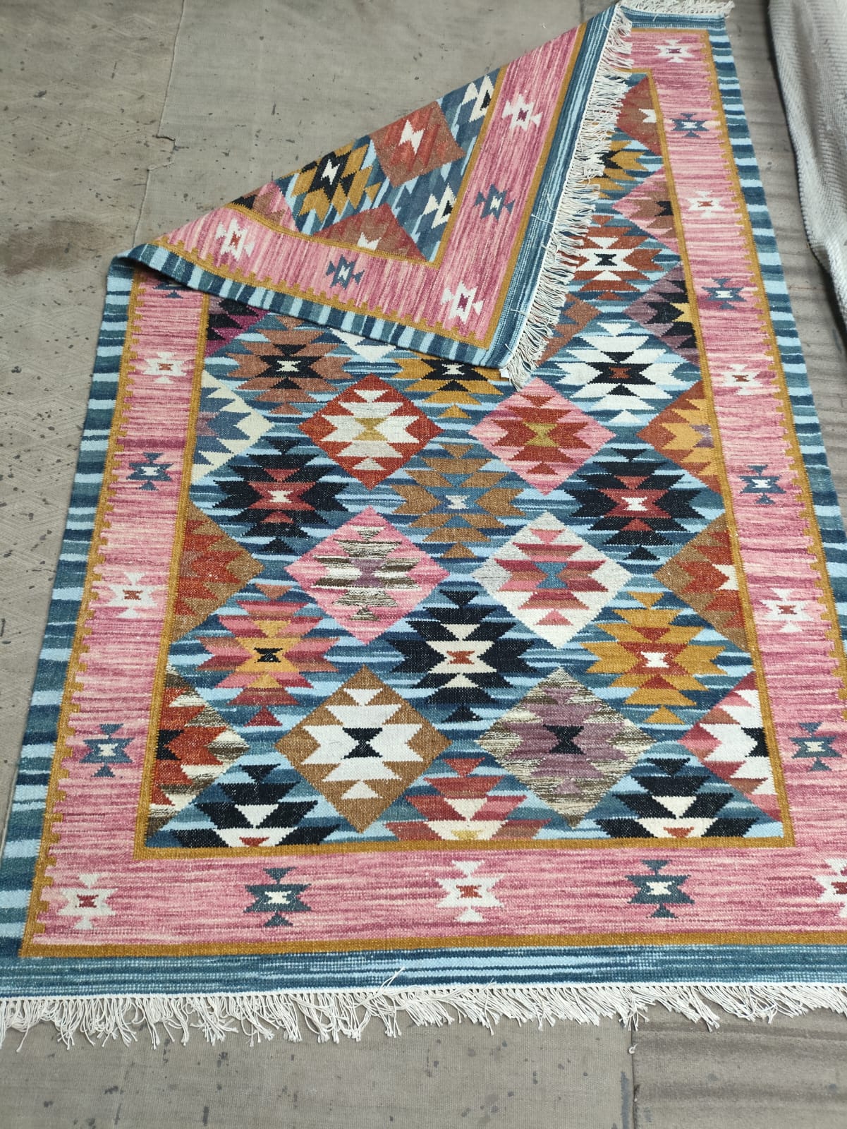 Handwoven Wool Cotton Dari Rug – Geometric Kilim Area Rug, Boho Colorful Carpet, Handmade Flatweave Indian Dhurrie, Living Room Bedroom Decor