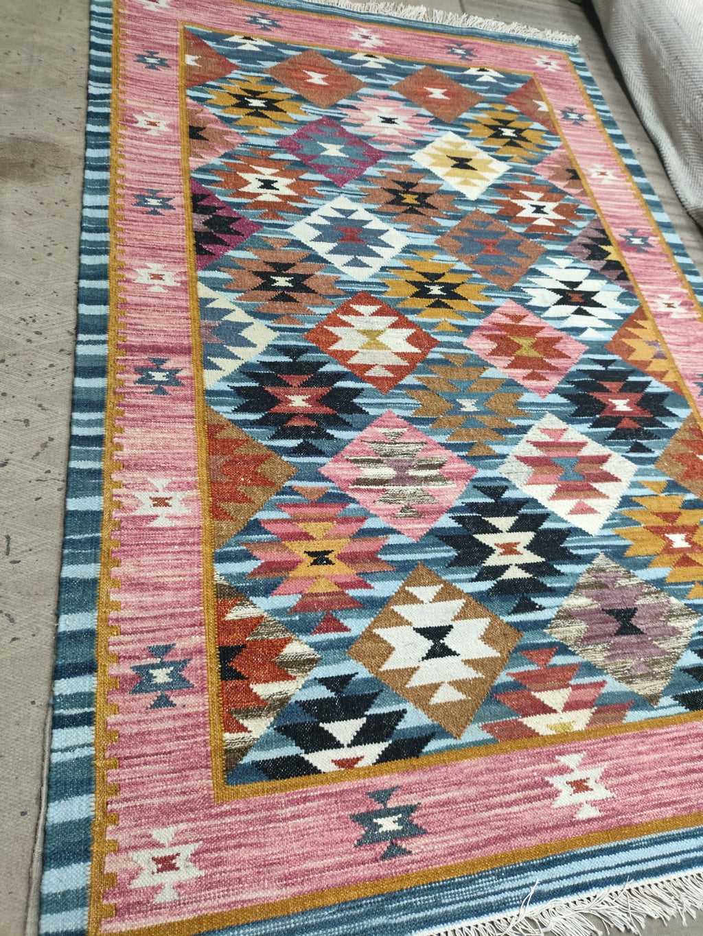 Handwoven Wool Cotton Dari Rug – Geometric Kilim Area Rug, Boho Colorful Carpet, Handmade Flatweave Indian Dhurrie, Living Room Bedroom Decor