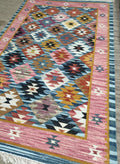 Handwoven Wool Cotton Dari Rug – Geometric Kilim Area Rug, Boho Colorful Carpet, Handmade Flatweave Indian Dhurrie, Living Room Bedroom Decor