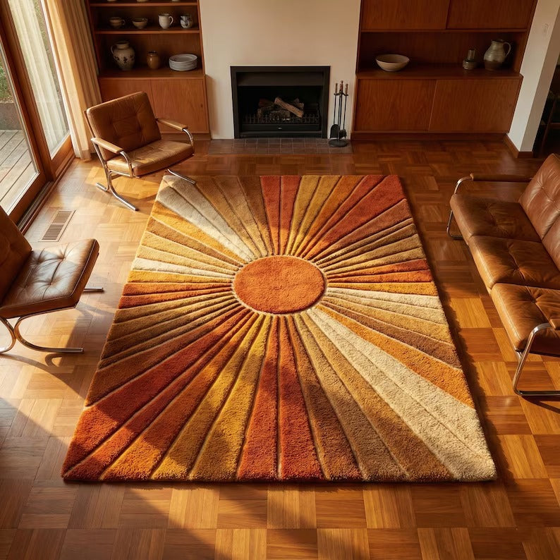 Hand-Tufted Sunburst Wool Rug | Statement Retro Area Rug by CarpetRugDecor