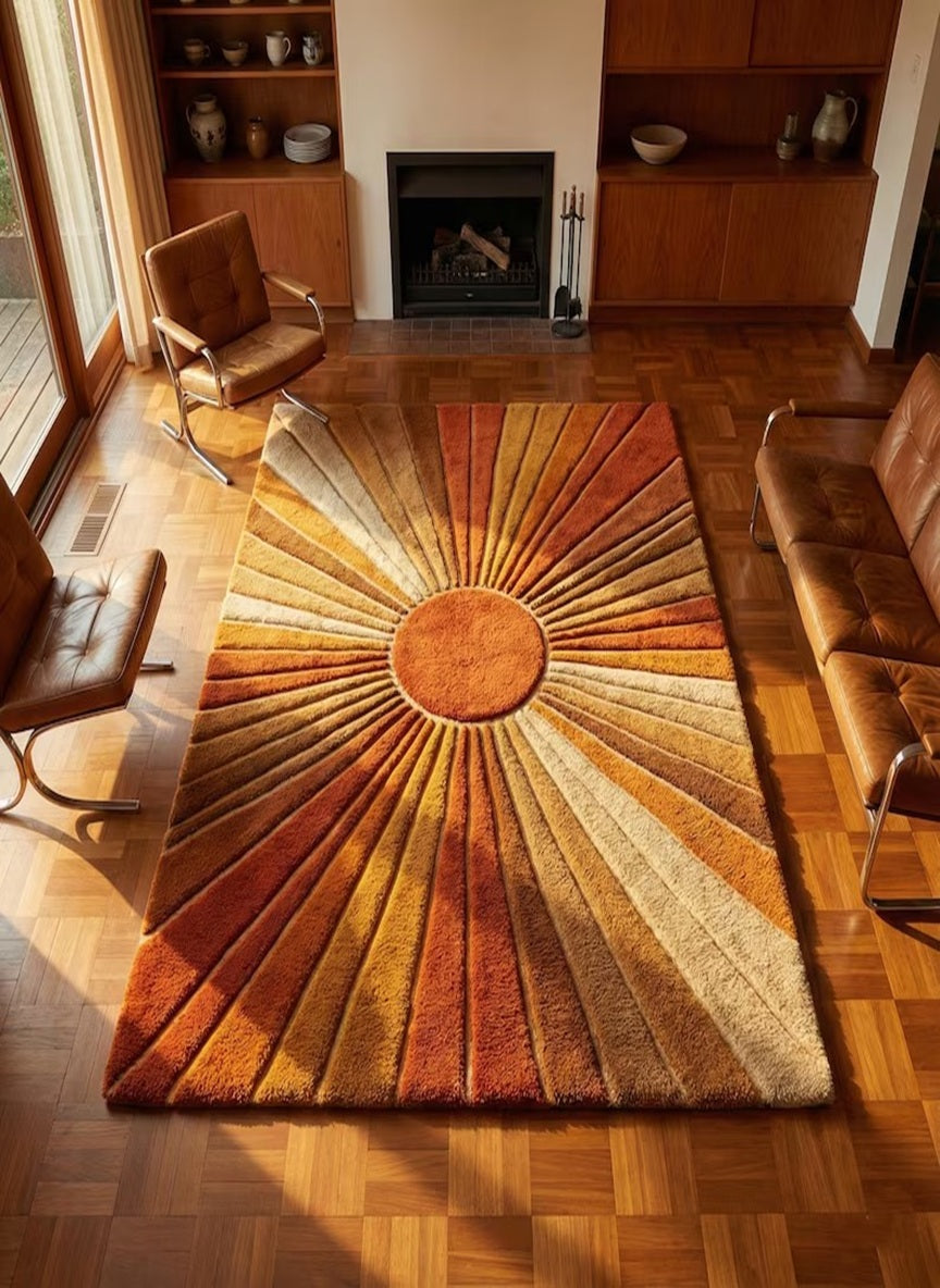 Hand-Tufted Sunburst Wool Rug | Statement Retro Area Rug by CarpetRugDecor