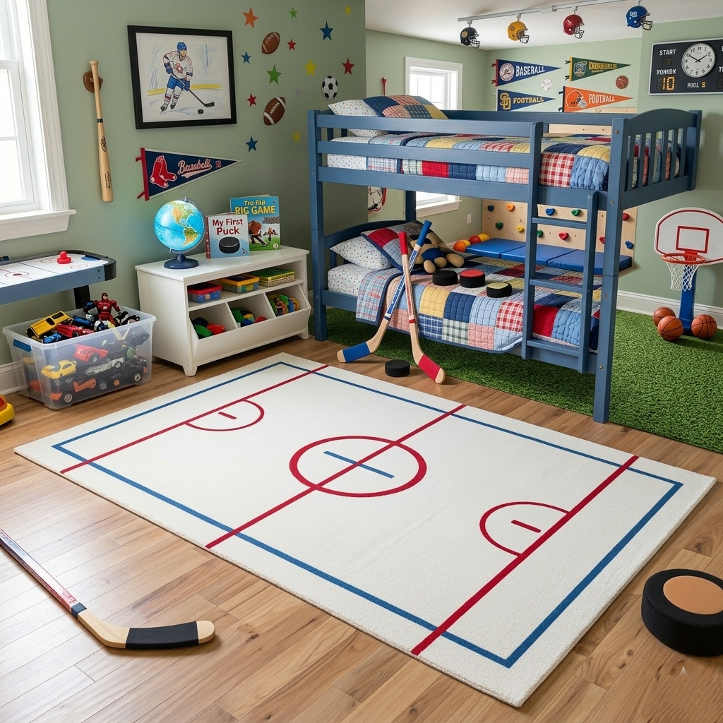 Hand-Tufted Sports Court Wool Rug | Modern Graphic Area Rug by CarpetRugDecor