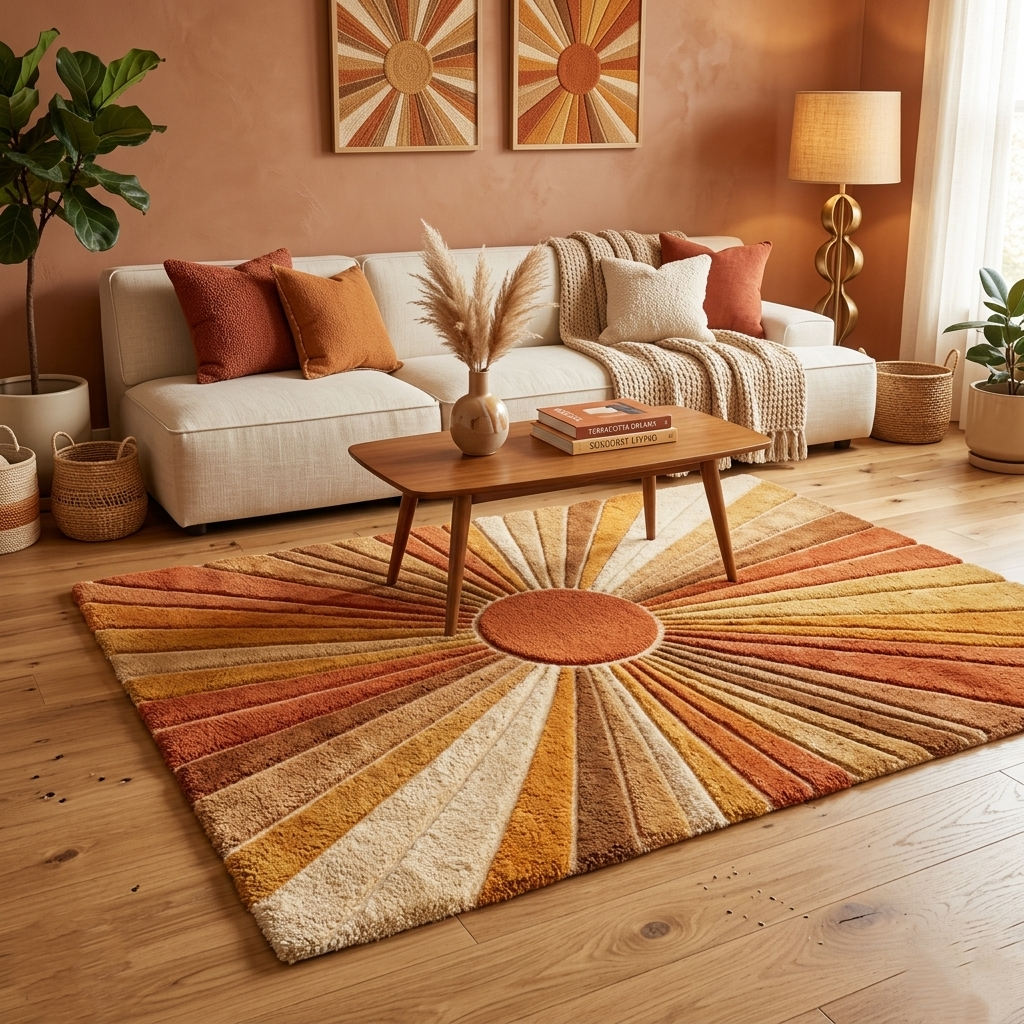 Hand-Tufted Sunburst Wool Rug | Statement Retro Area Rug by CarpetRugDecor
