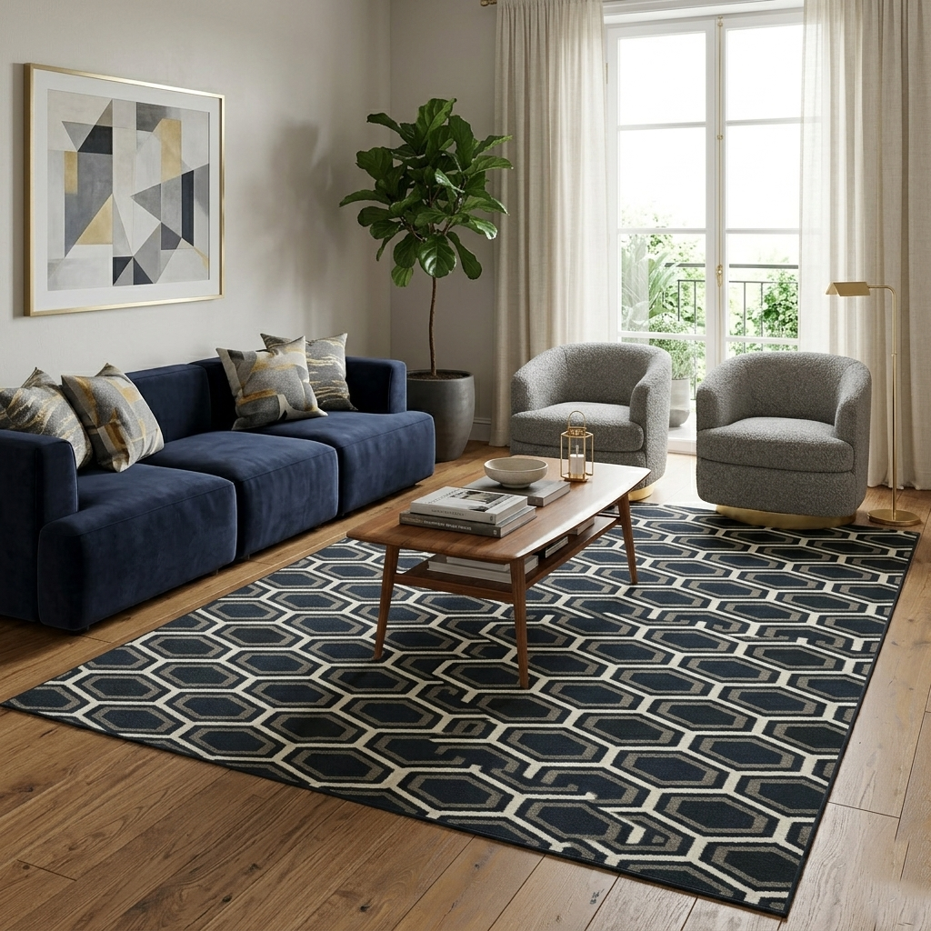 Hand-Tufted Hexagon Pattern Wool Rug | Modern Family Area Rug by CarpetRugDecor