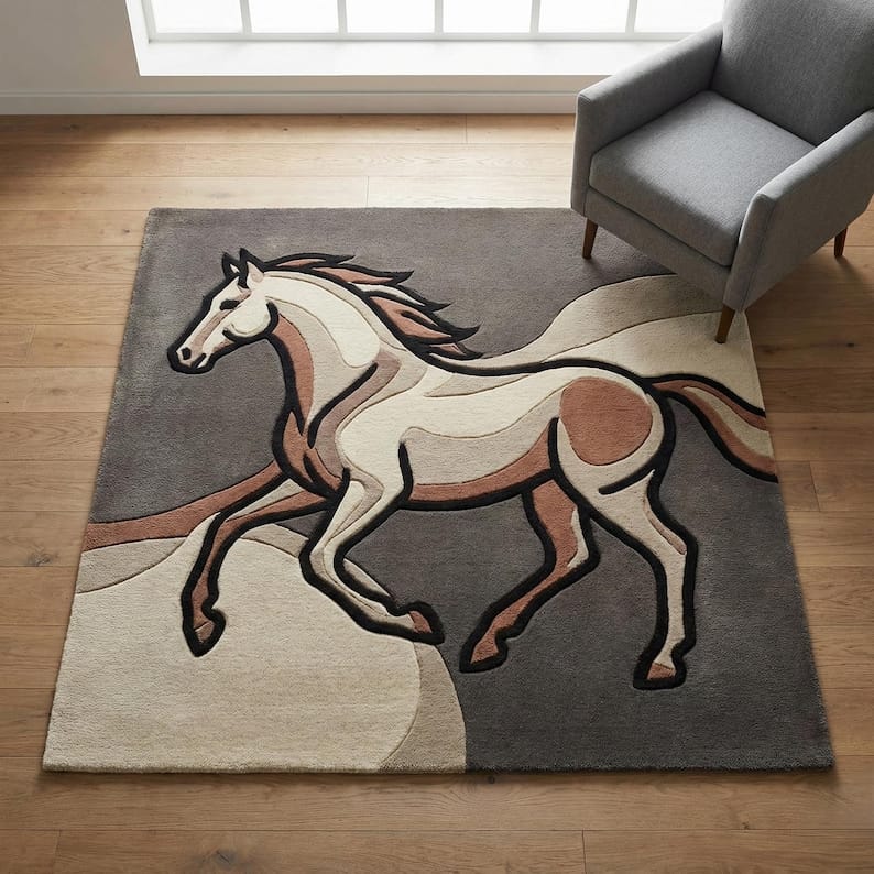 Hand-Tufted Running Horse Wool Rug | Artistic Statement Rug by CarpetRugDecor