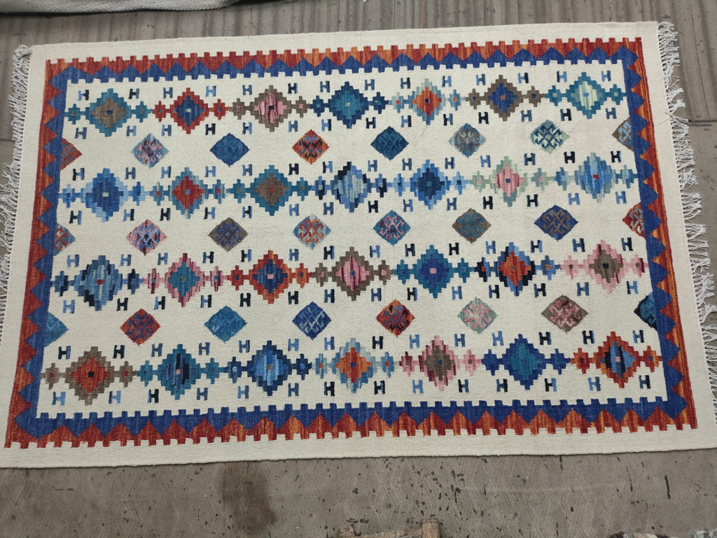 Handwoven Wool Dari Rug – White Geometric Kilim Area Rug