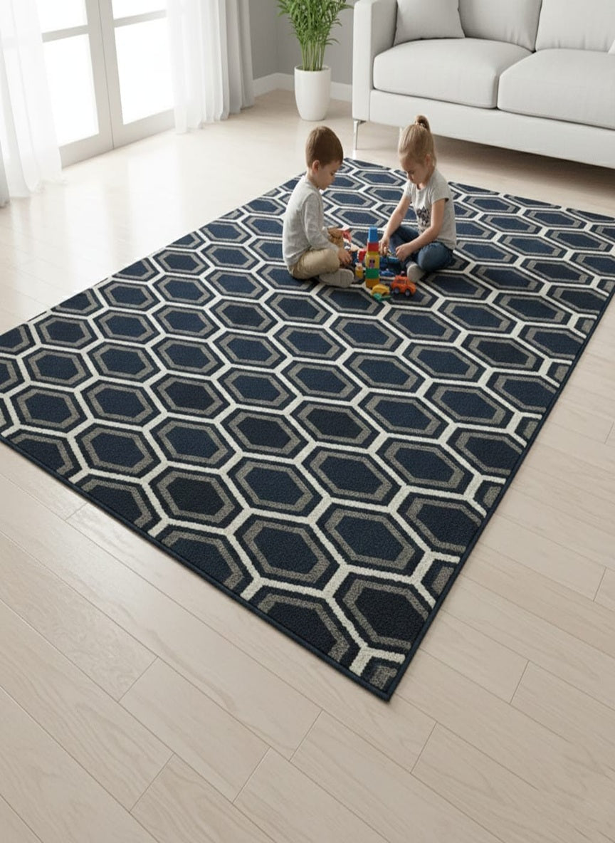 Hand-Tufted Hexagon Pattern Wool Rug | Modern Family Area Rug by CarpetRugDecor