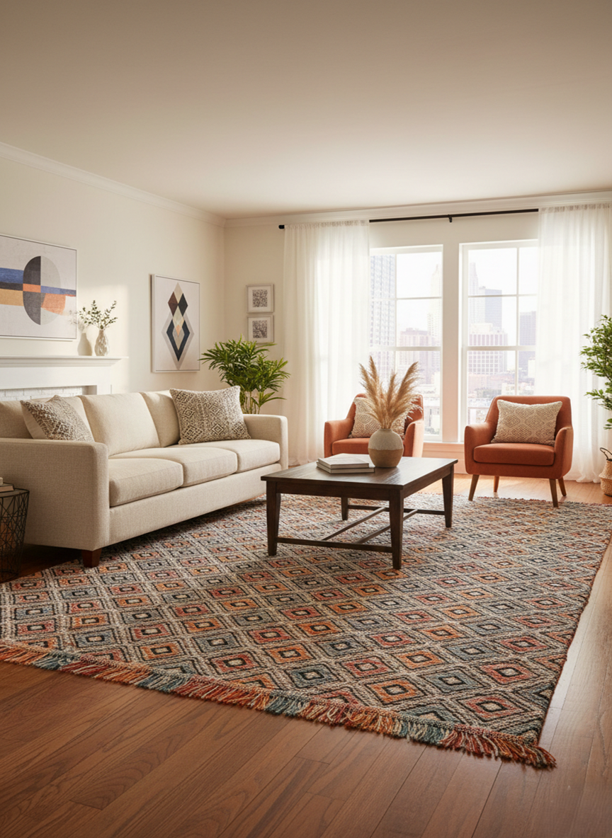 Handwoven Wool Dari Rug – Boho Diamond Geometric Kilim