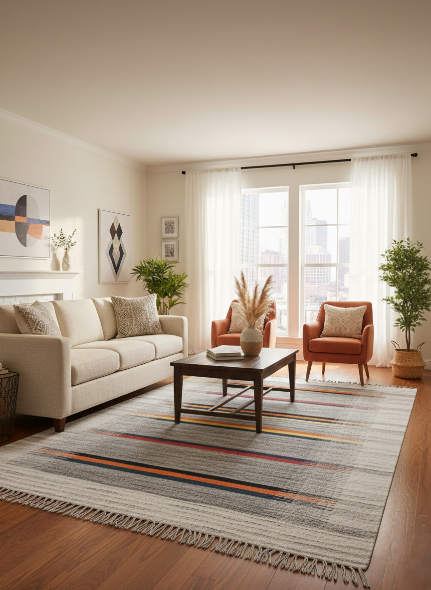 Handwoven Wool Dari Rug – Minimalist Stripe Kilim