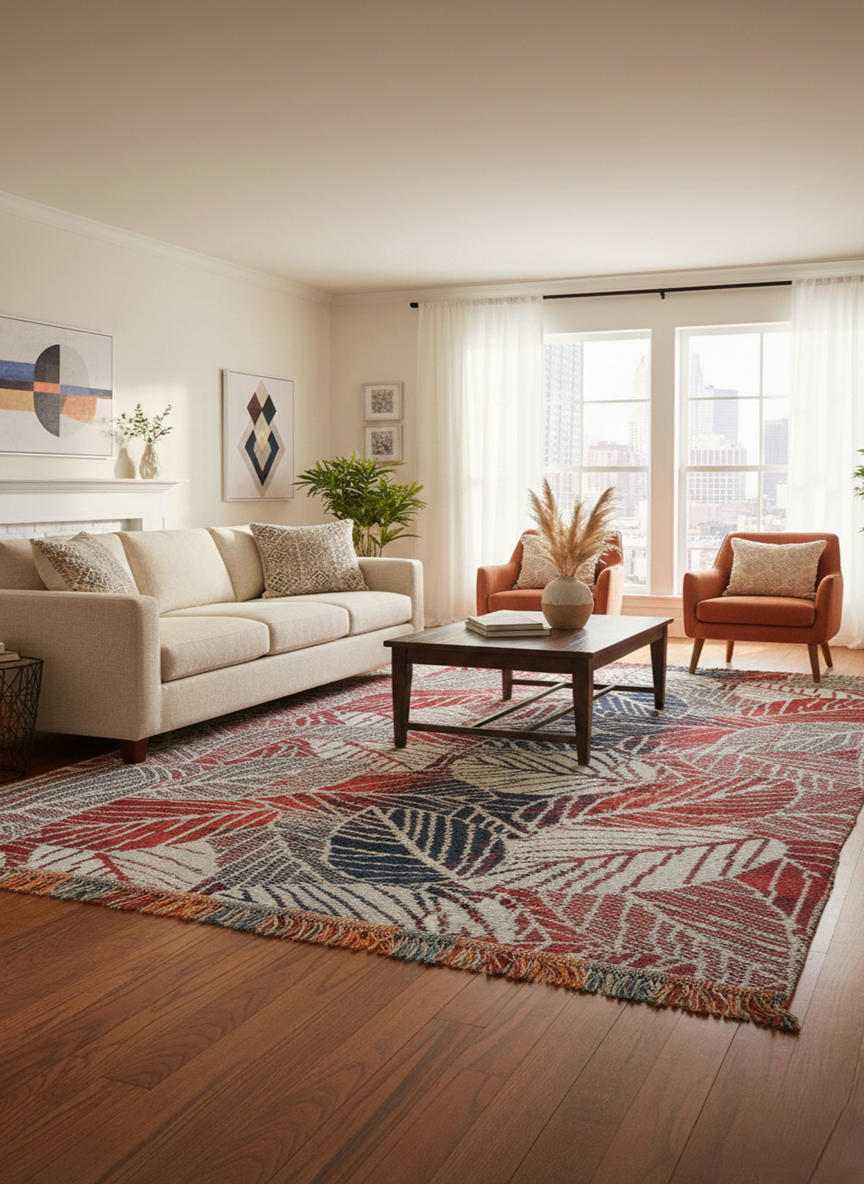 Handwoven Wool Dari Rug – Modern Leaf Pattern Area Rug