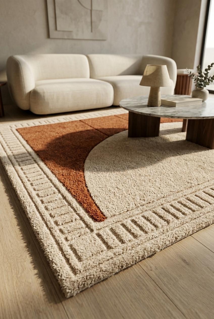 Modern Abstract Area Rug, Brown Cream Shag Rug, Hand Tufted Plush Living Room Carpet