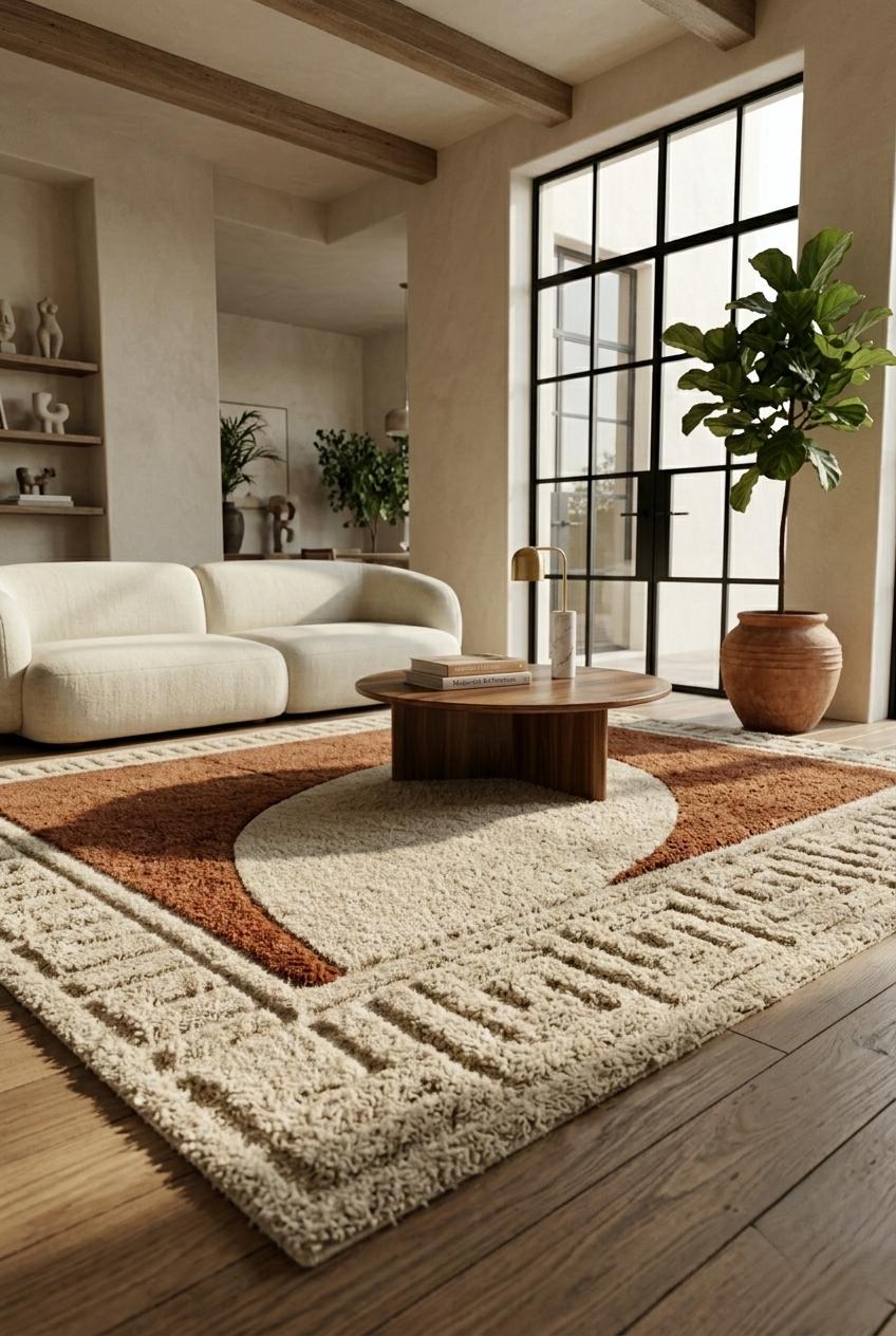 Modern Abstract Area Rug, Brown Cream Shag Rug, Hand Tufted Plush Living Room Carpet