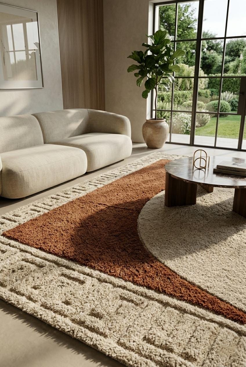 Modern Abstract Area Rug, Brown Cream Shag Rug, Hand Tufted Plush Living Room Carpet