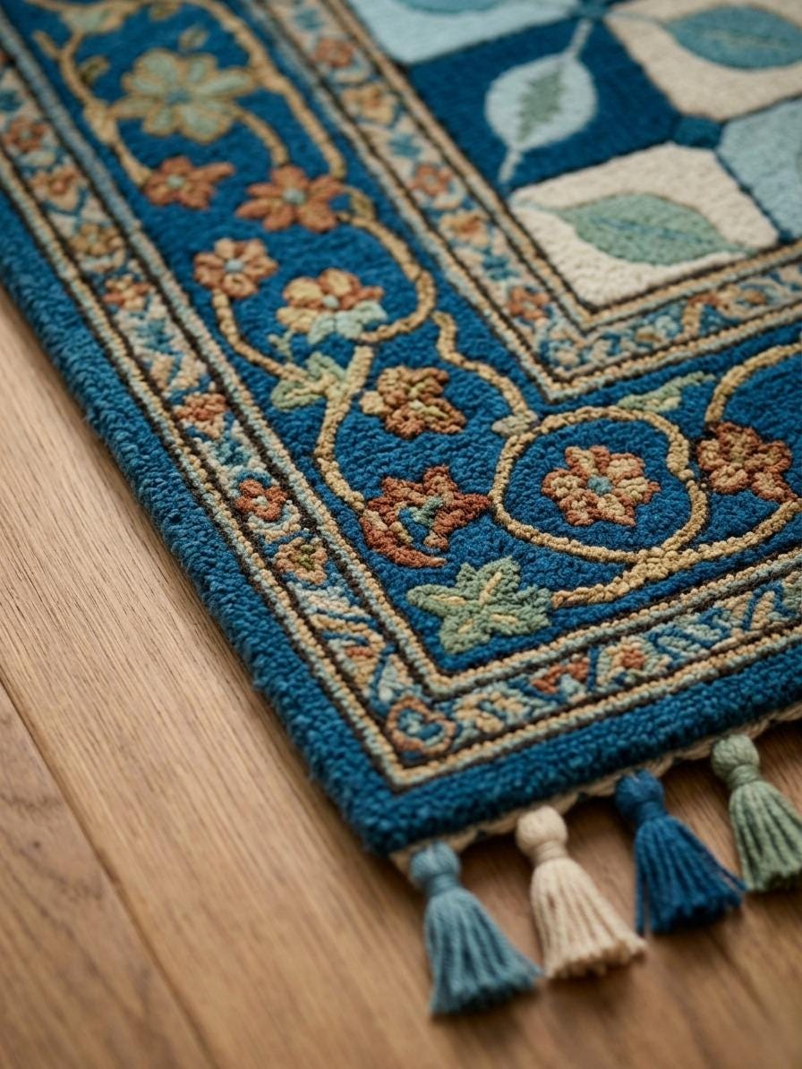 Hand-Knotted Wool Rug, Floral Geometric Patio Carpet, Vintage Boho Area Rug