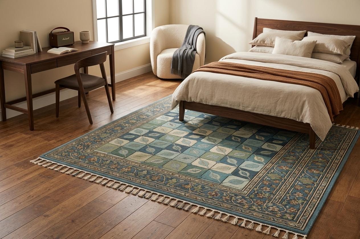 Hand-Knotted Wool Rug, Floral Geometric Patio Carpet, Vintage Boho Area Rug