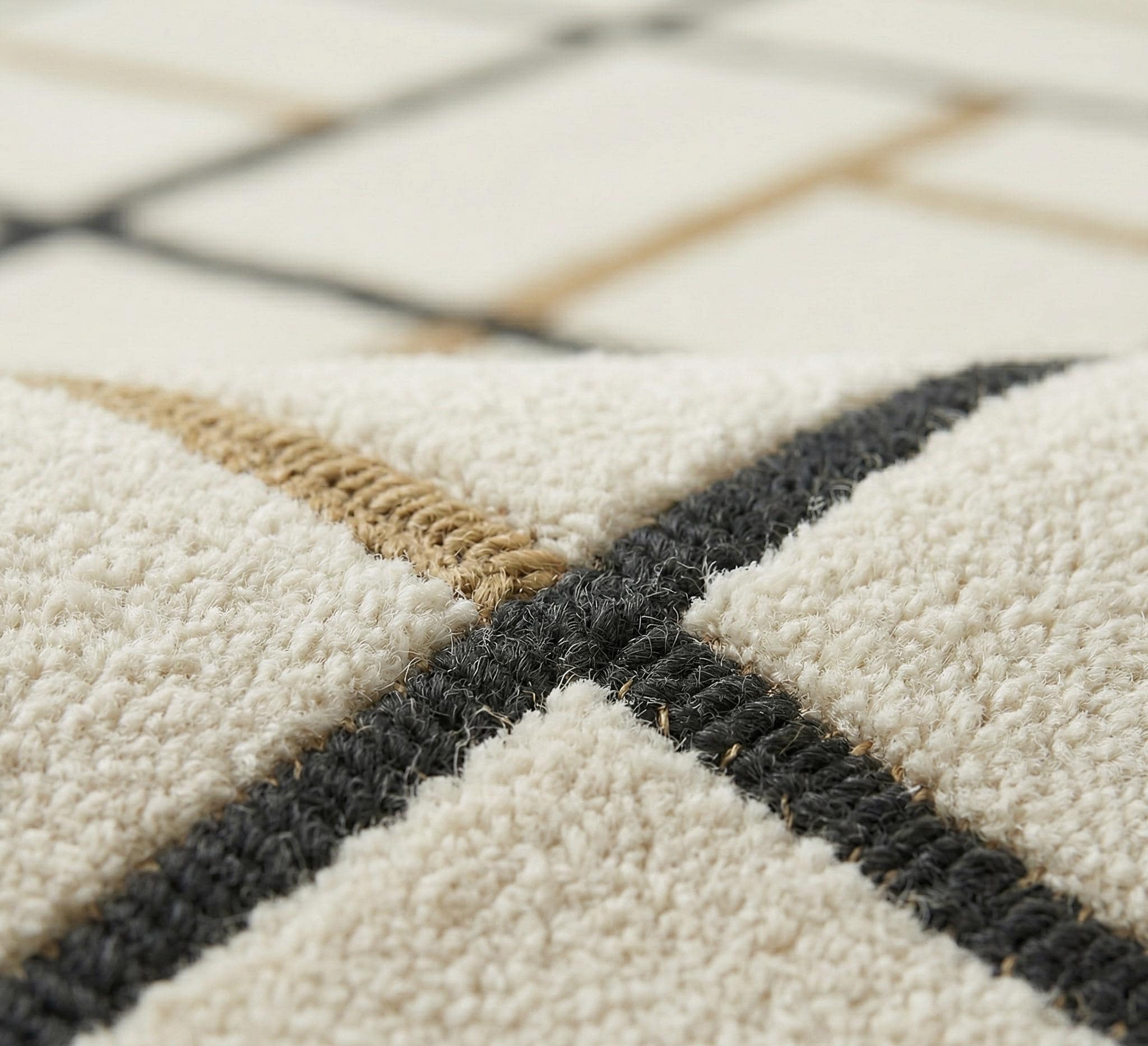 Geometric Wool Area Rug, Cream Gold Grid Tufted Carpet, Modern Living Room Designer Rug