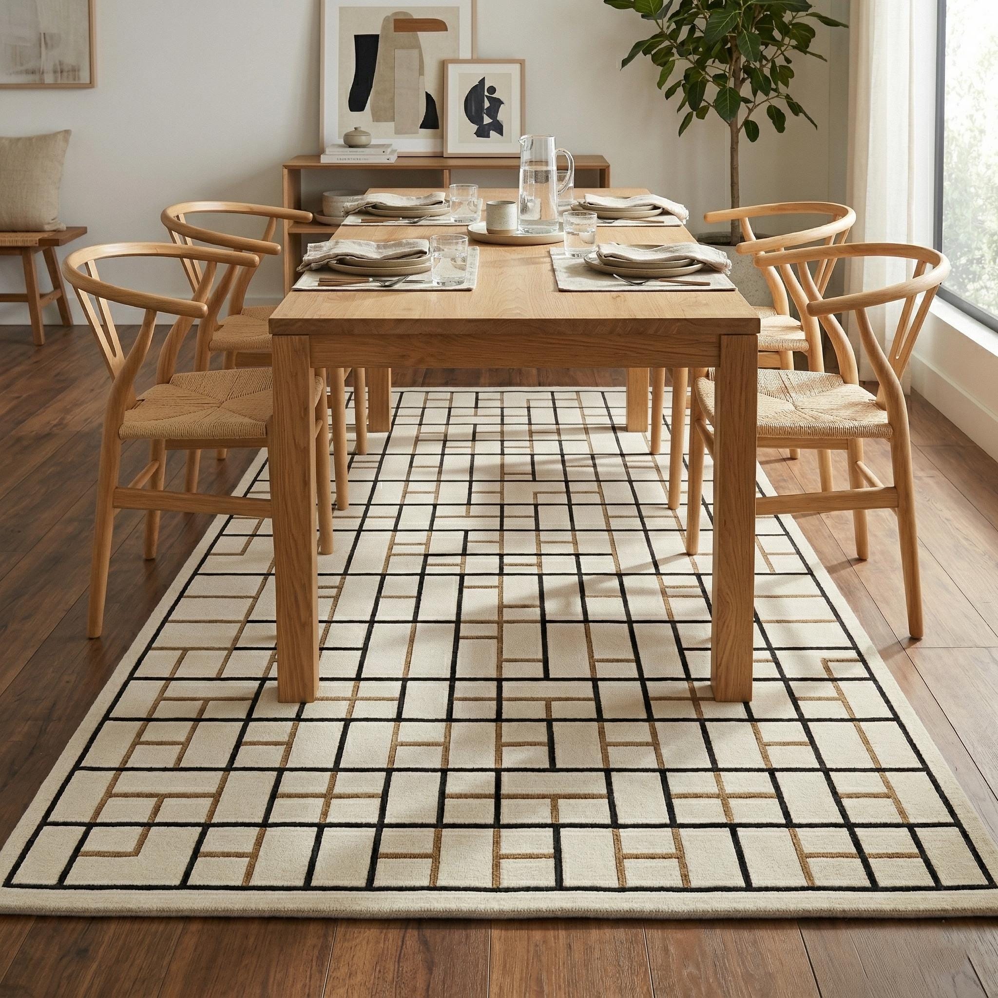 Geometric Wool Area Rug, Cream Gold Grid Tufted Carpet, Modern Living Room Designer Rug