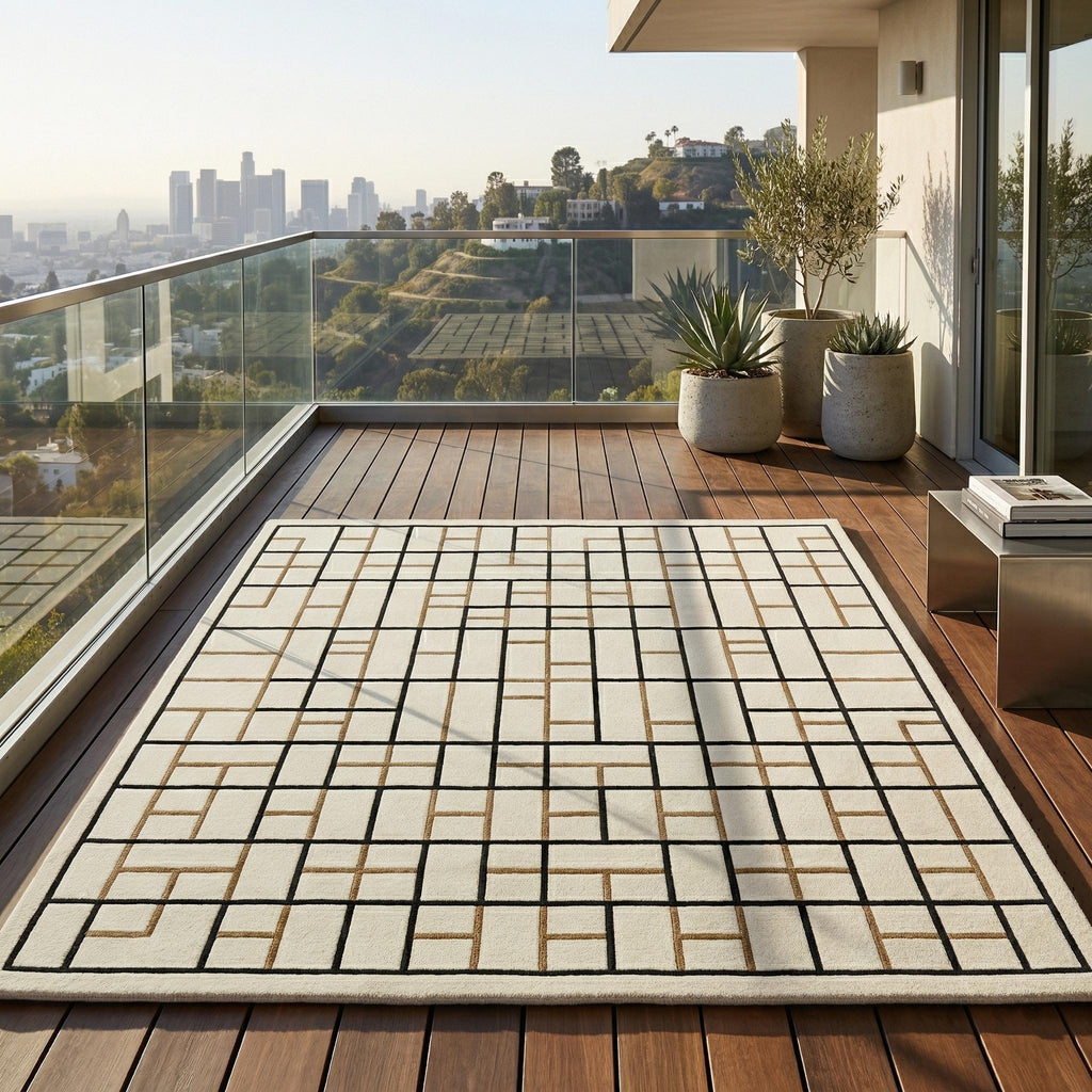 Geometric Wool Area Rug, Cream Gold Grid Tufted Carpet, Modern Living Room Designer Rug