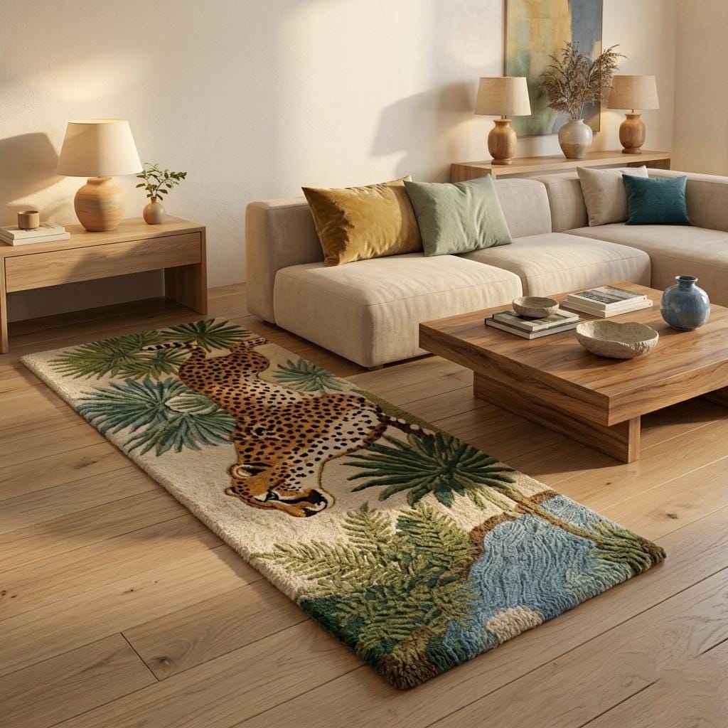Hand Tufted Cheetah Jungle Runner Rug | Boho | Wool | Living Room Area Rug | Custom