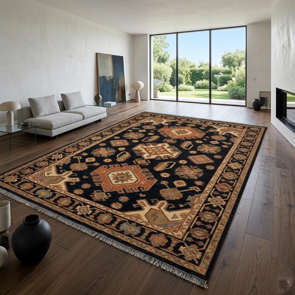 Hand Knotted Rug | Geometric Tribal Wool Navy Area Rug Living Room 8x10 Custom