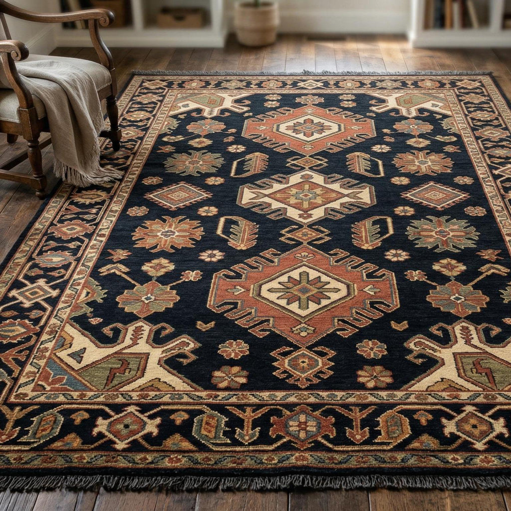 Hand Knotted Rug | Geometric Tribal Wool Navy Area Rug Living Room 8x10 Custom