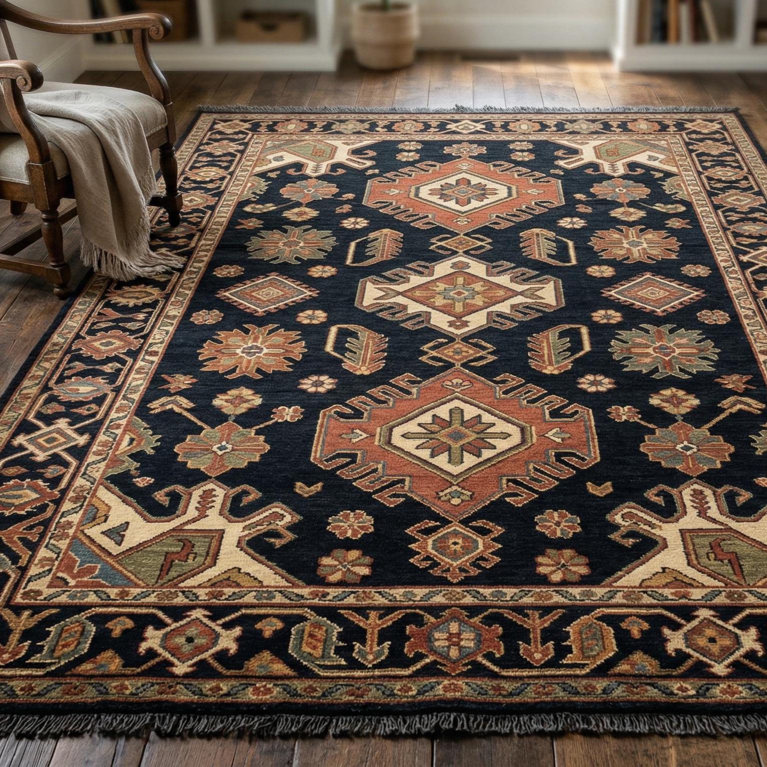 Hand Knotted Rug | Geometric Tribal Wool Navy Area Rug Living Room 8x10 Custom