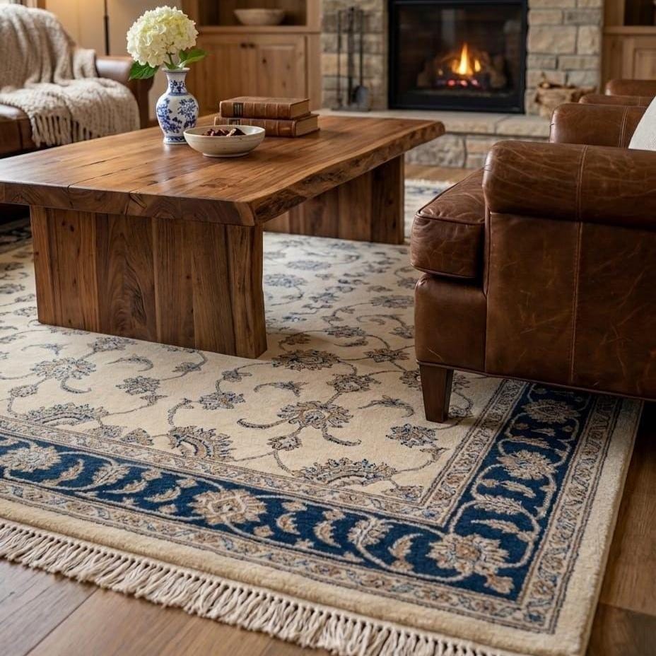 Hand Knotted Rug | Oushak Blue Border | Wool Area Rug | Living Room | 8x10 | Custom