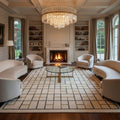 Geometric Wool Area Rug, Cream Gold Grid Tufted Carpet, Modern Living Room Designer Rug
