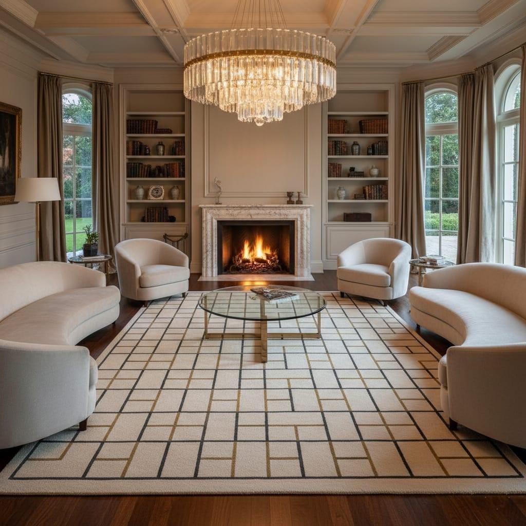 Geometric Wool Area Rug, Cream Gold Grid Tufted Carpet, Modern Living Room Designer Rug