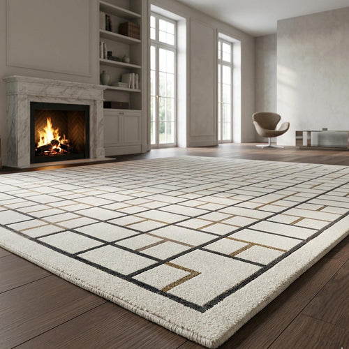 Geometric Wool Area Rug, Cream Gold Grid Tufted Carpet, Modern Living Room Designer Rug