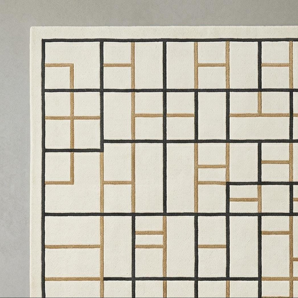 Geometric Wool Area Rug, Cream Gold Grid Tufted Carpet, Modern Living Room Designer Rug