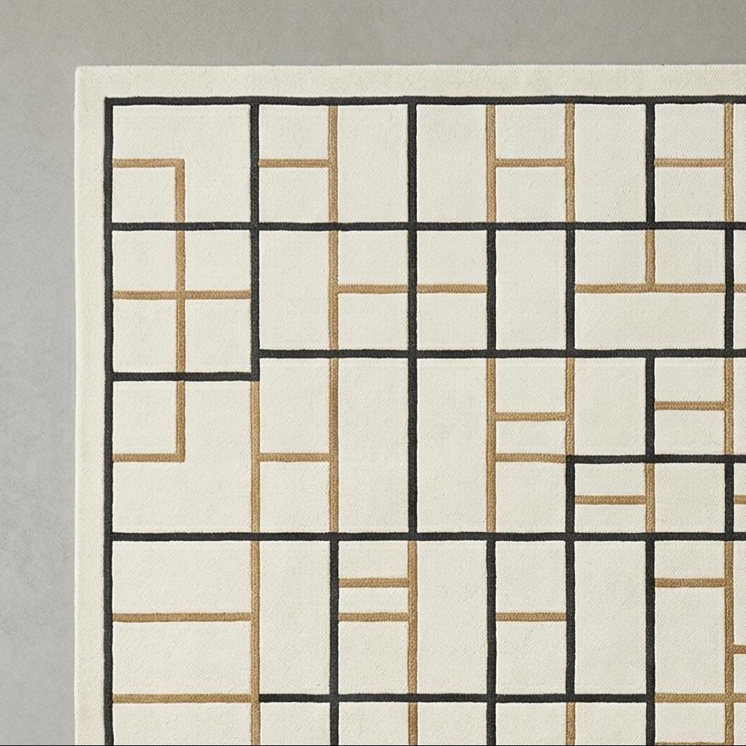 Geometric Wool Area Rug, Cream Gold Grid Tufted Carpet, Modern Living Room Designer Rug