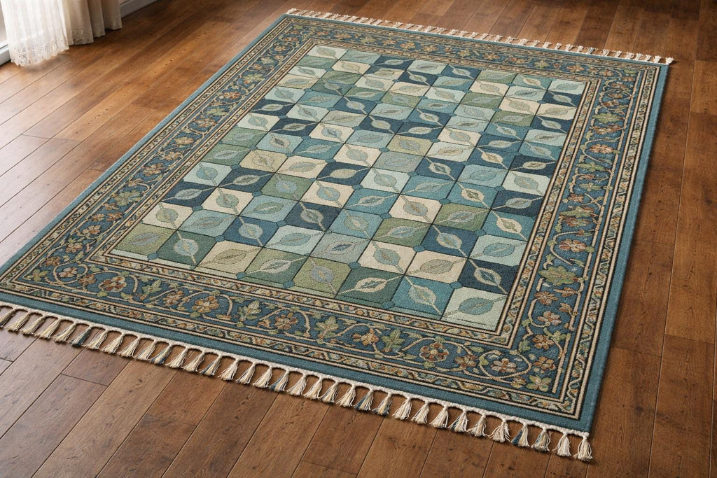 Hand-Knotted Wool Rug, Floral Geometric Patio Carpet, Vintage Boho Area Rug