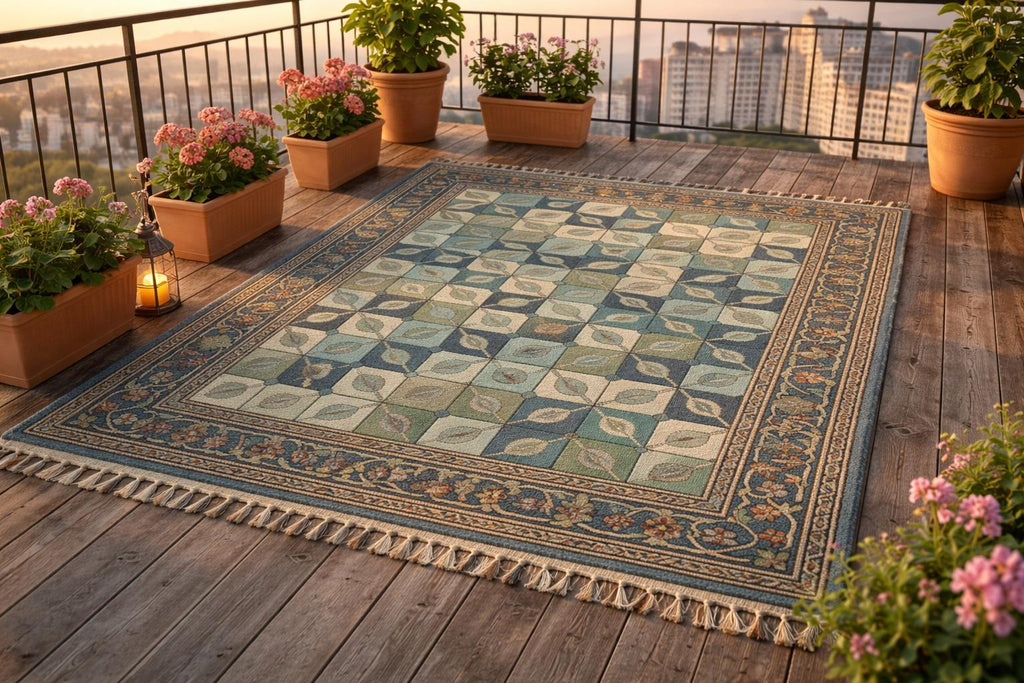 Hand-Knotted Wool Rug, Floral Geometric Patio Carpet, Vintage Boho Area Rug