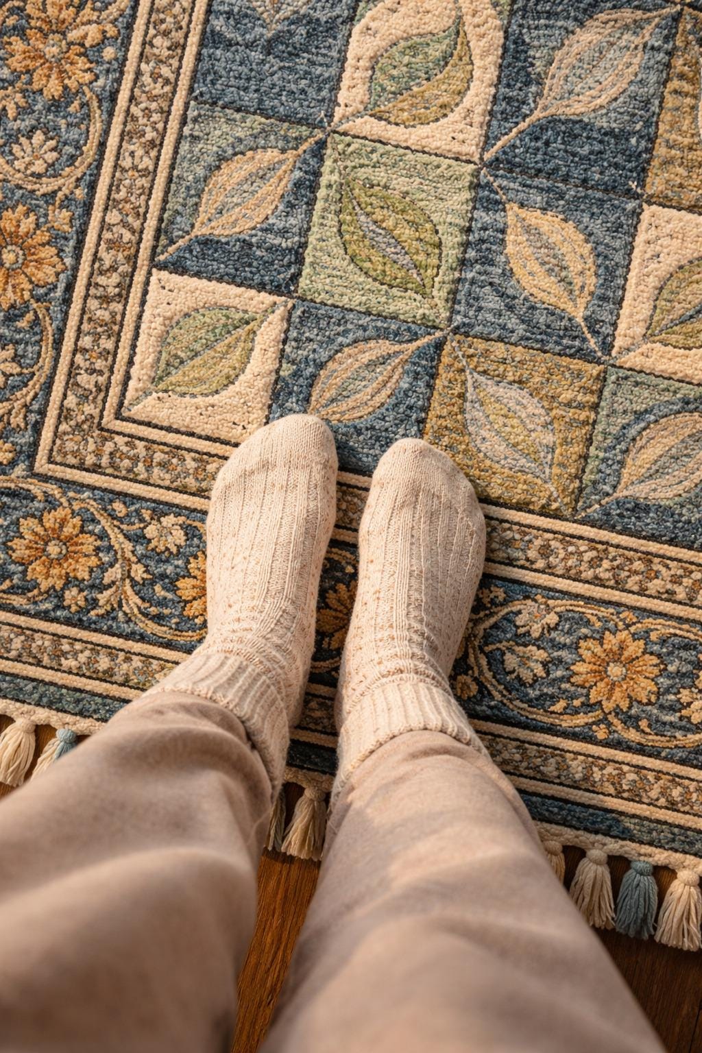 Hand-Knotted Wool Rug, Floral Geometric Patio Carpet, Vintage Boho Area Rug