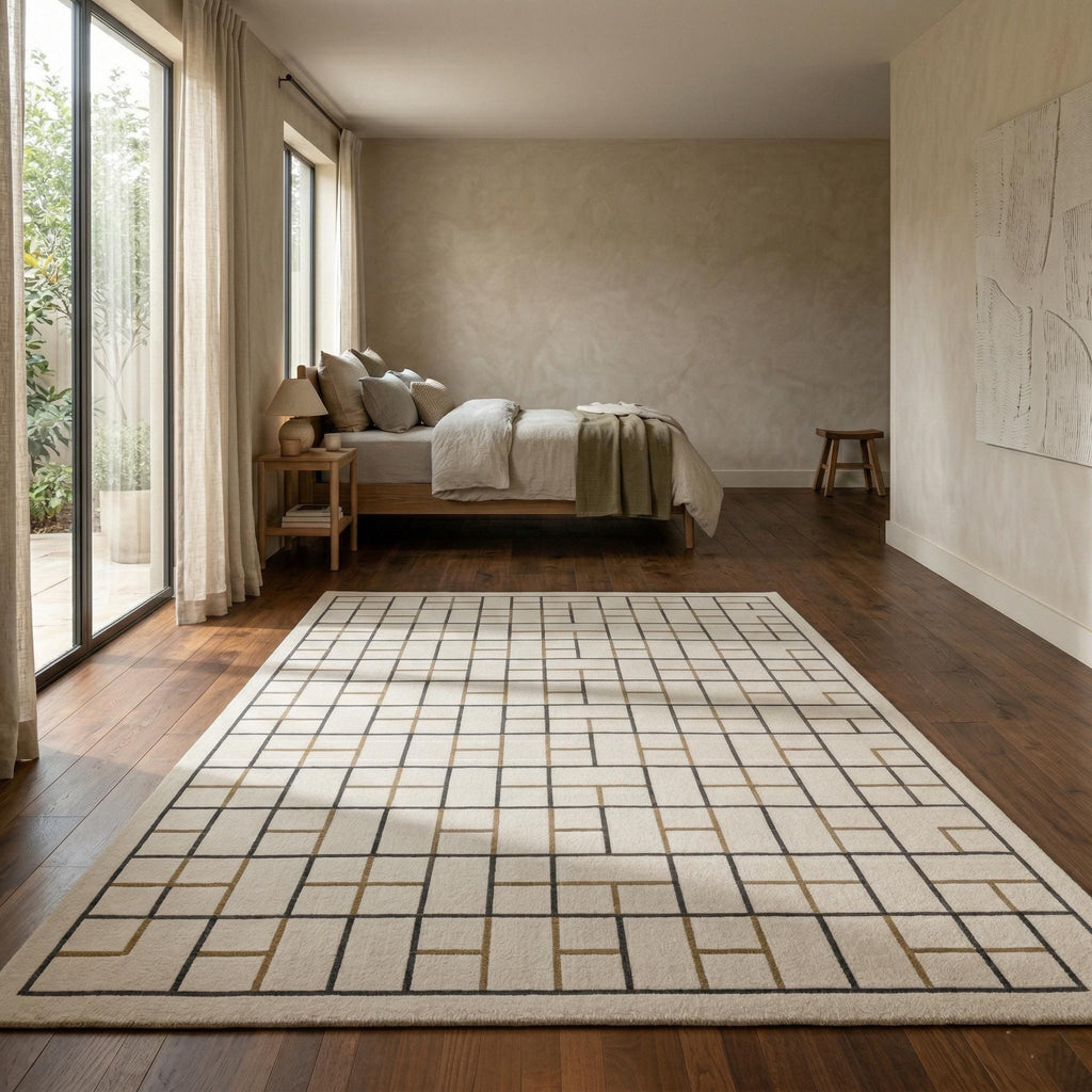 Geometric Wool Area Rug, Cream Gold Grid Tufted Carpet, Modern Living Room Designer Rug