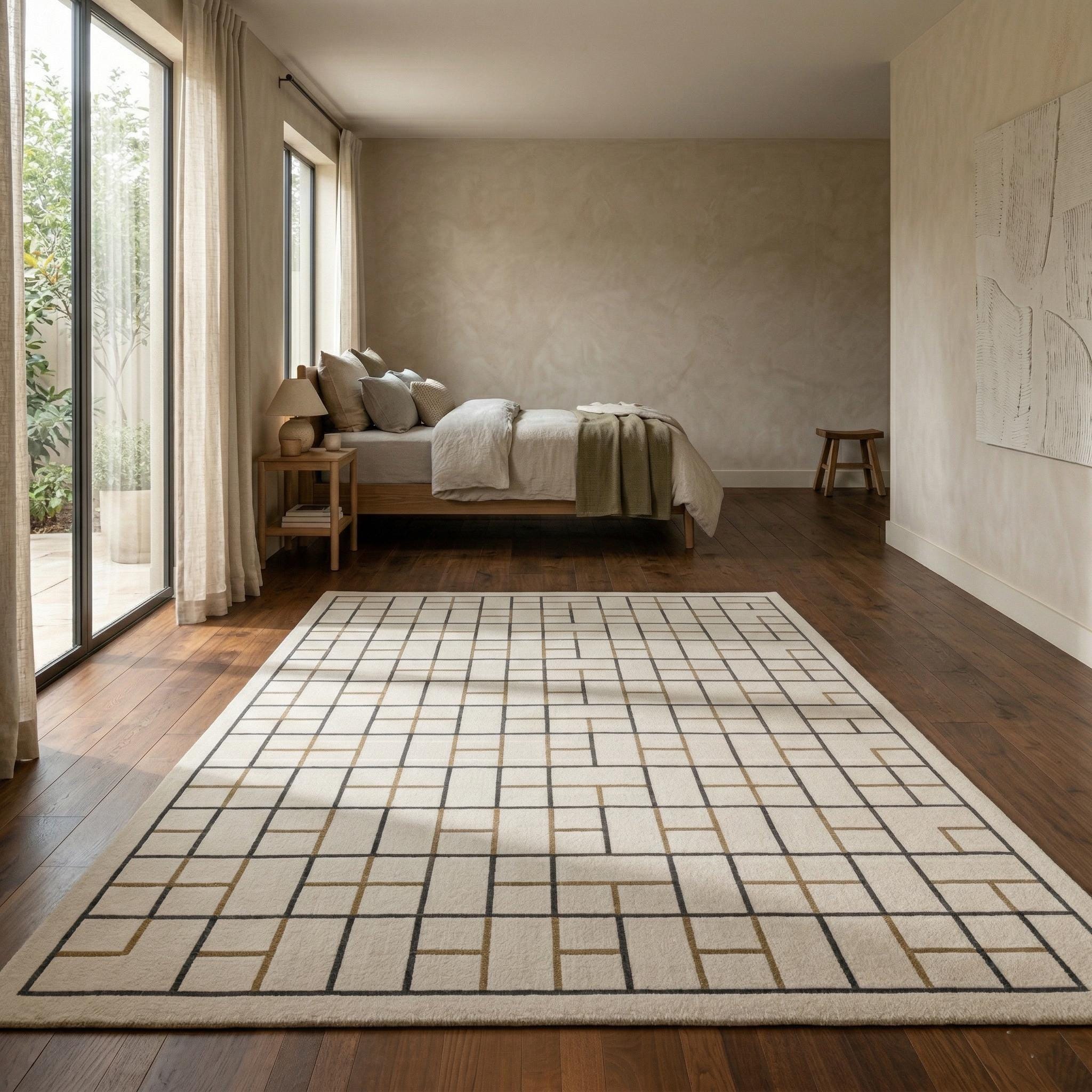 Geometric Wool Area Rug, Cream Gold Grid Tufted Carpet, Modern Living Room Designer Rug