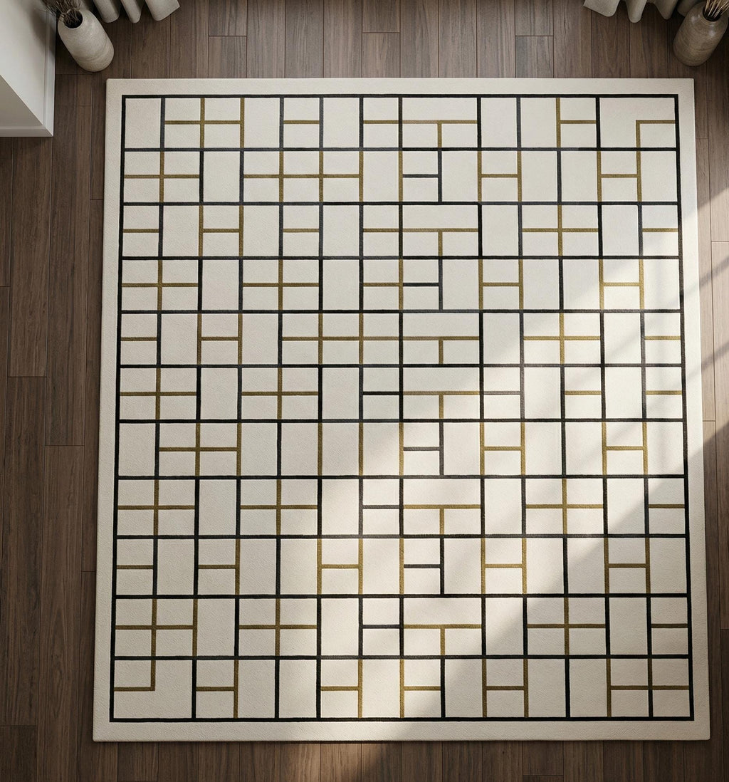 Geometric Wool Area Rug, Cream Gold Grid Tufted Carpet, Modern Living Room Designer Rug