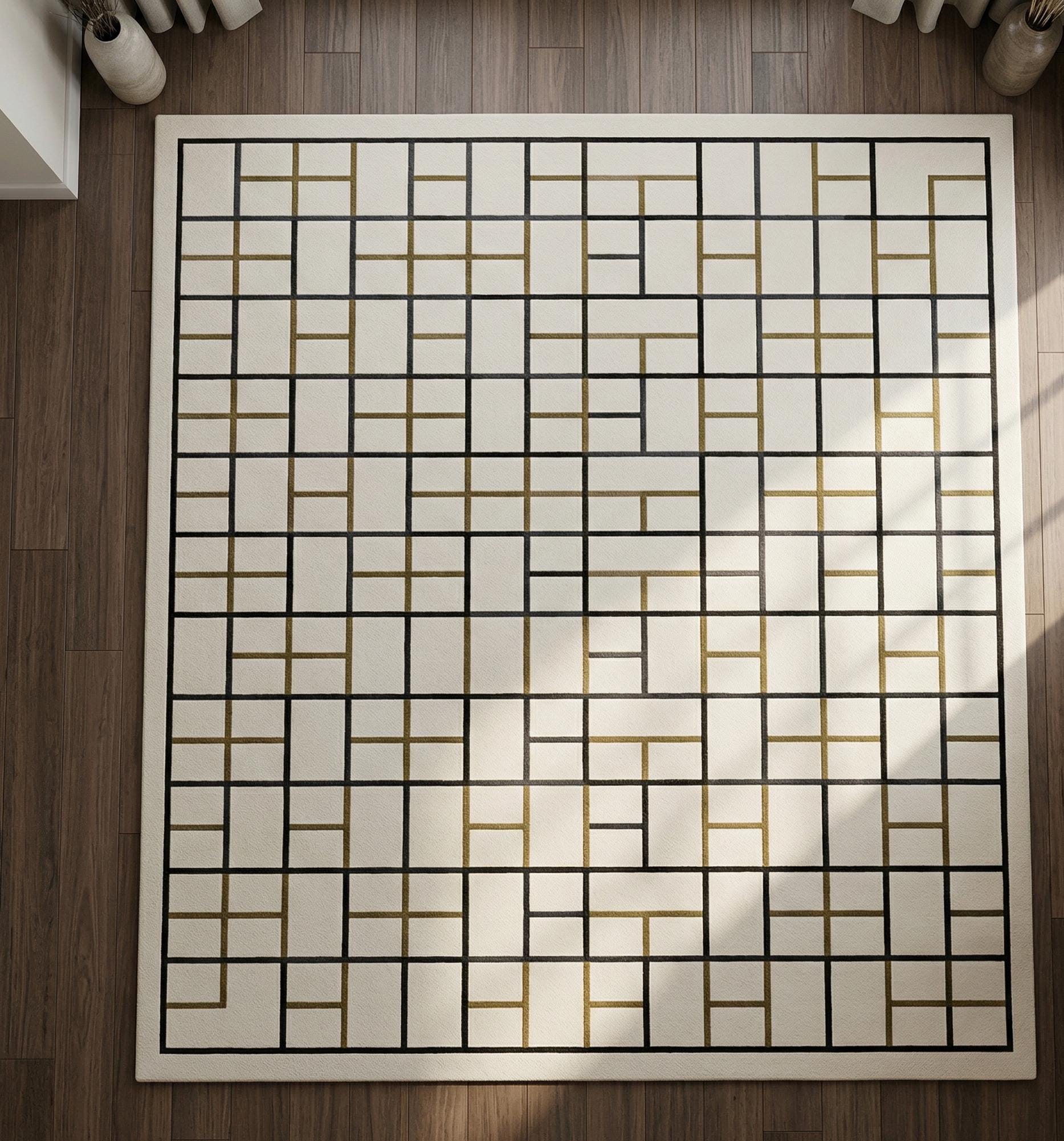Geometric Wool Area Rug, Cream Gold Grid Tufted Carpet, Modern Living Room Designer Rug