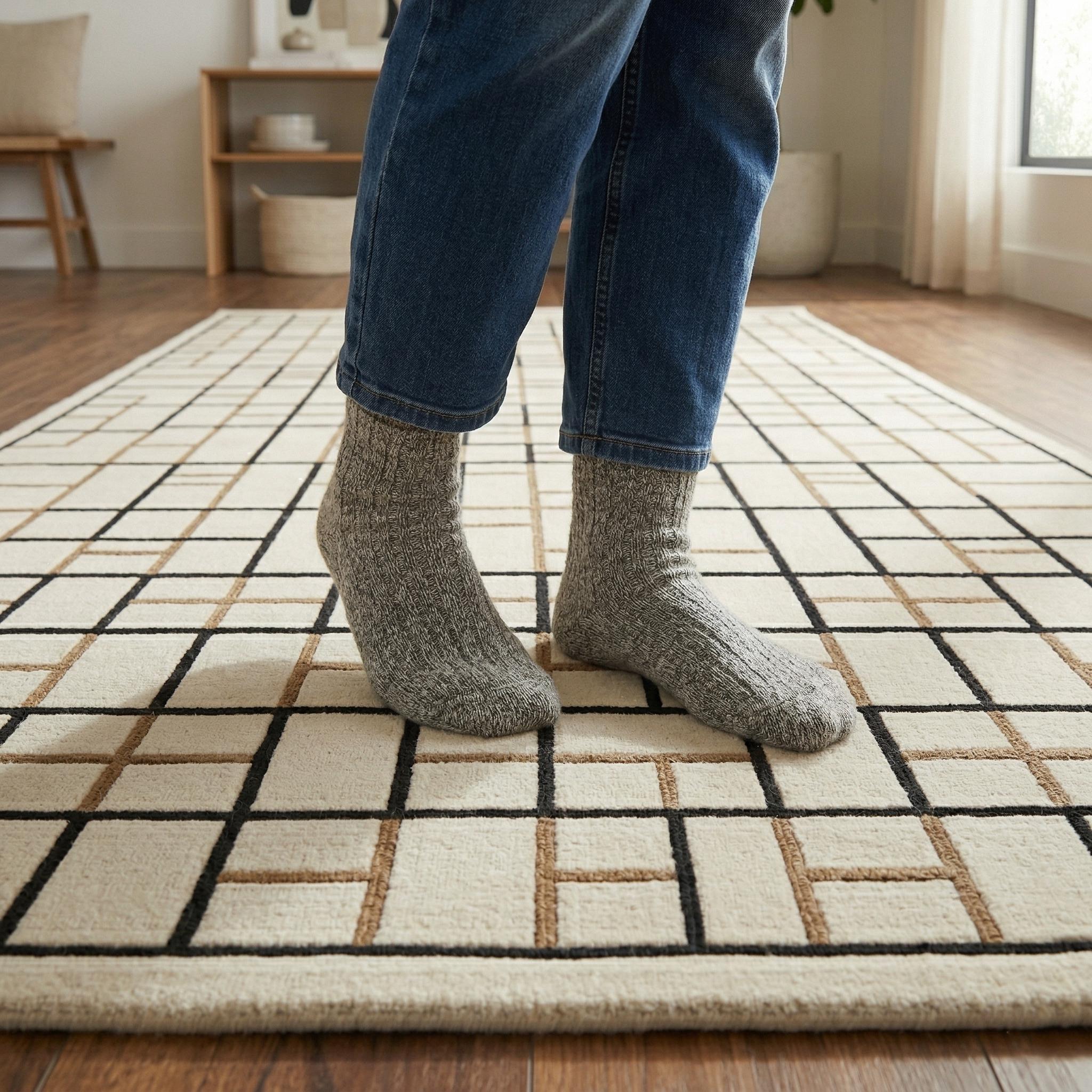 Geometric Wool Area Rug, Cream Gold Grid Tufted Carpet, Modern Living Room Designer Rug