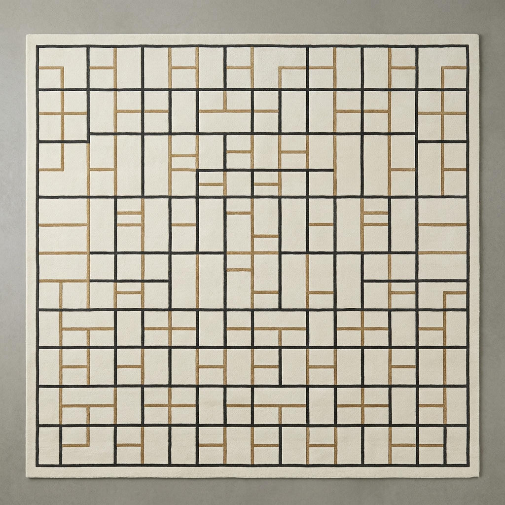 Geometric Wool Area Rug, Cream Gold Grid Tufted Carpet, Modern Living Room Designer Rug