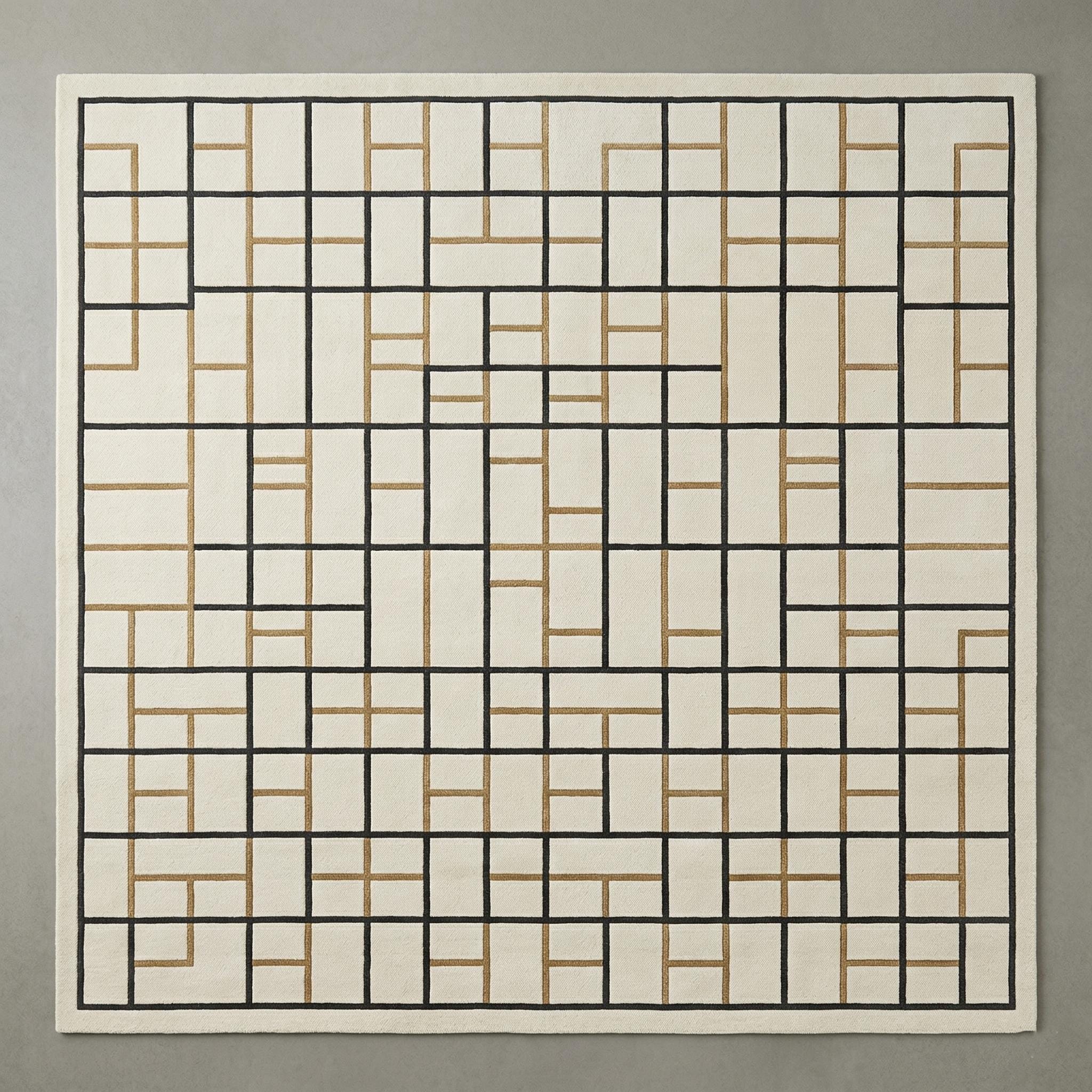 Geometric Wool Area Rug, Cream Gold Grid Tufted Carpet, Modern Living Room Designer Rug