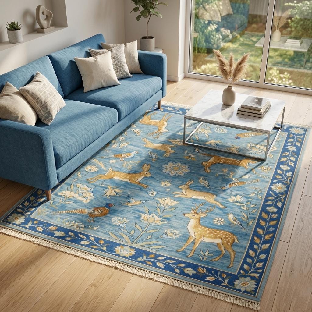 Hand Knotted Deer Rug | Oushak Style Wool Living Room 8x10 Custom Size