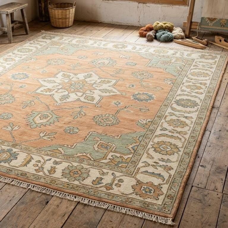 Hand Knotted Vintage Oushak Area Rug | Turkish Style | Wool Carpet | Hallway | 9x12 8x10 | Custom