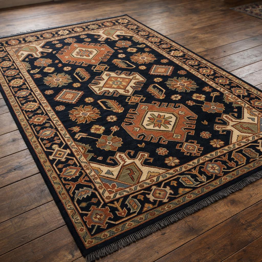 Hand Knotted Rug | Geometric Tribal Wool Navy Area Rug Living Room 8x10 Custom