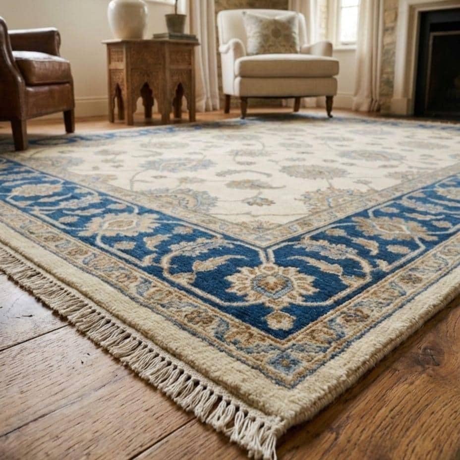Hand Knotted Rug | Oushak Blue Border | Wool Area Rug | Living Room | 8x10 | Custom