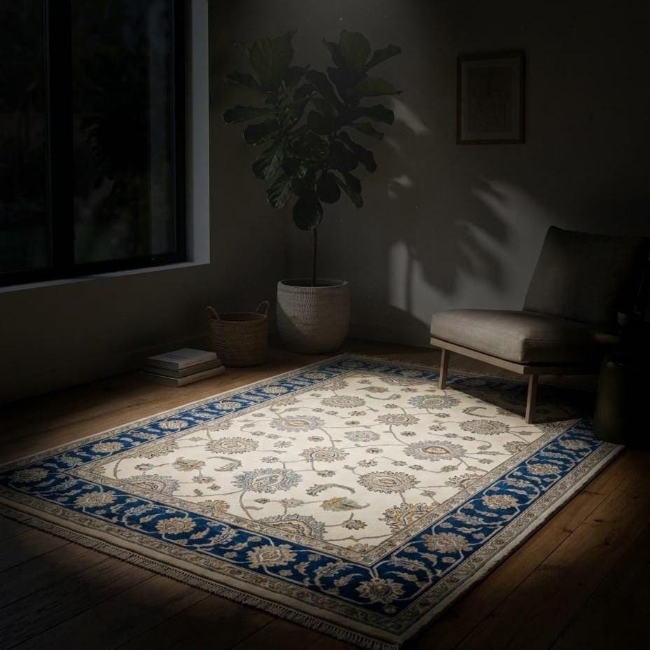 Hand Knotted Rug | Oushak Blue Border | Wool Area Rug | Living Room | 8x10 | Custom