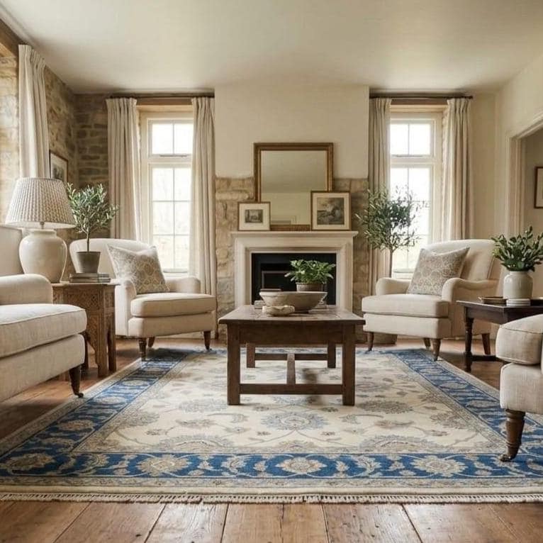 Hand Knotted Rug | Oushak Blue Border | Wool Area Rug | Living Room | 8x10 | Custom