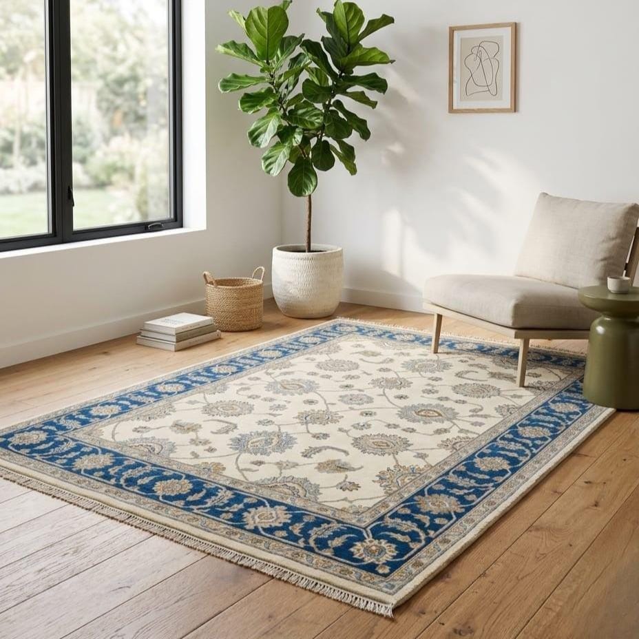 Hand Knotted Rug | Oushak Blue Border | Wool Area Rug | Living Room | 8x10 | Custom